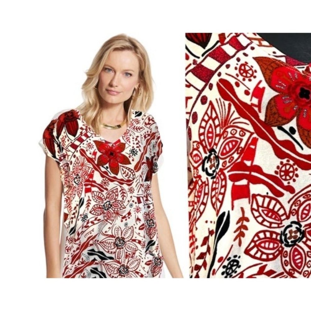 Chico's Travelers Red and Black Floral Tunic Top